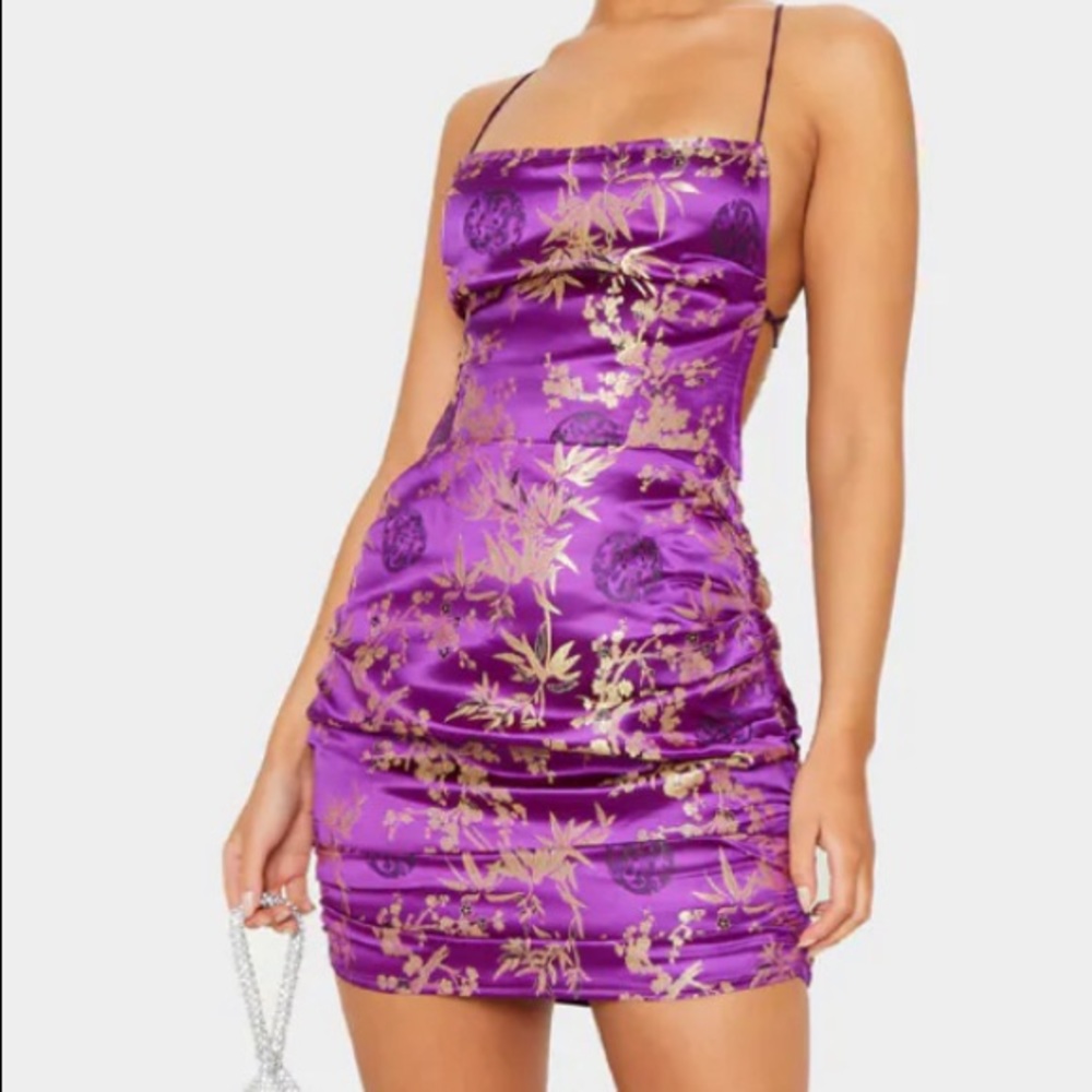Purple Jacquard Floral Strappy Back Ruched Bodycon Dress